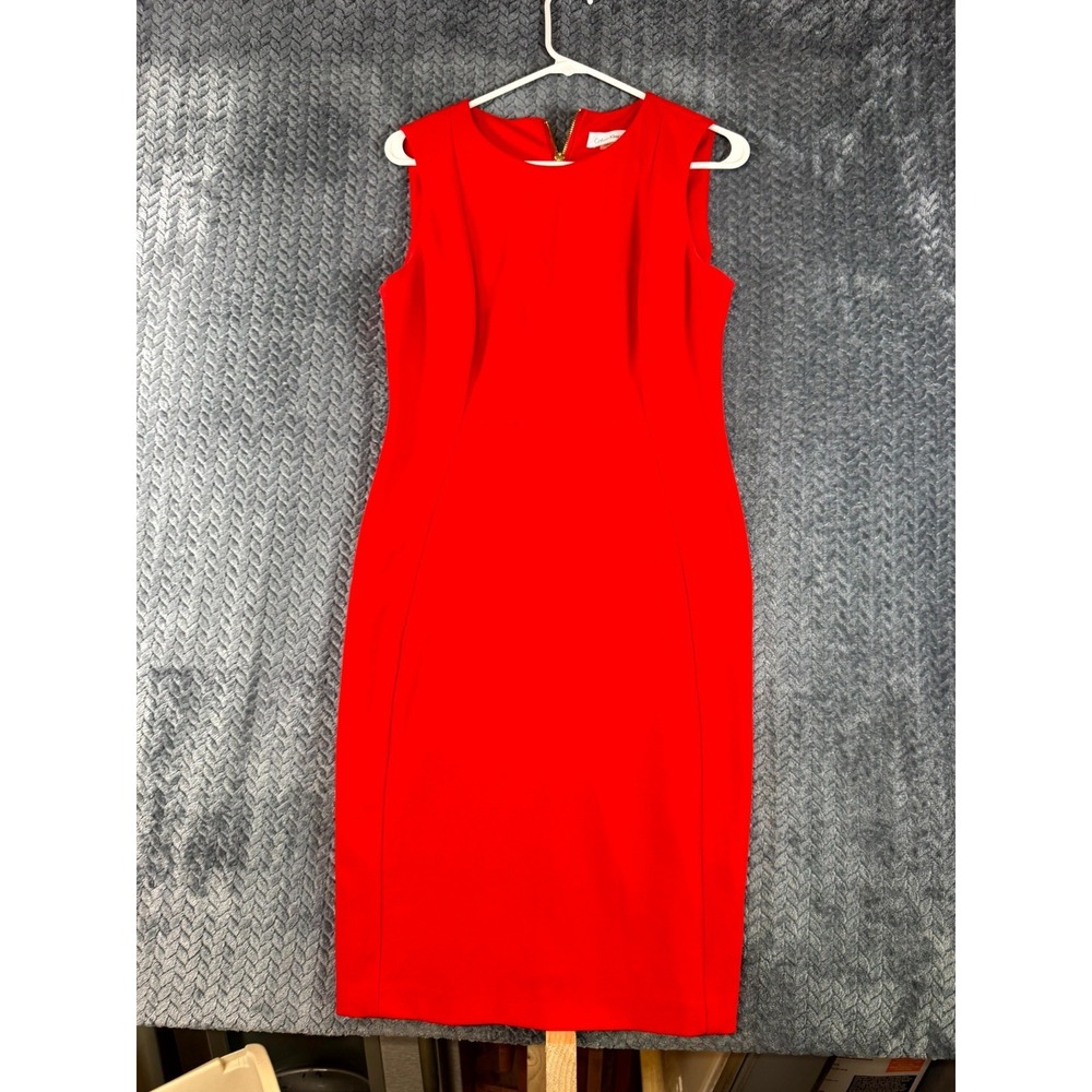 Calvin Klein Sheath Dress Womens 10 Red Stretch Sleeveless‎ Back Zipper Party